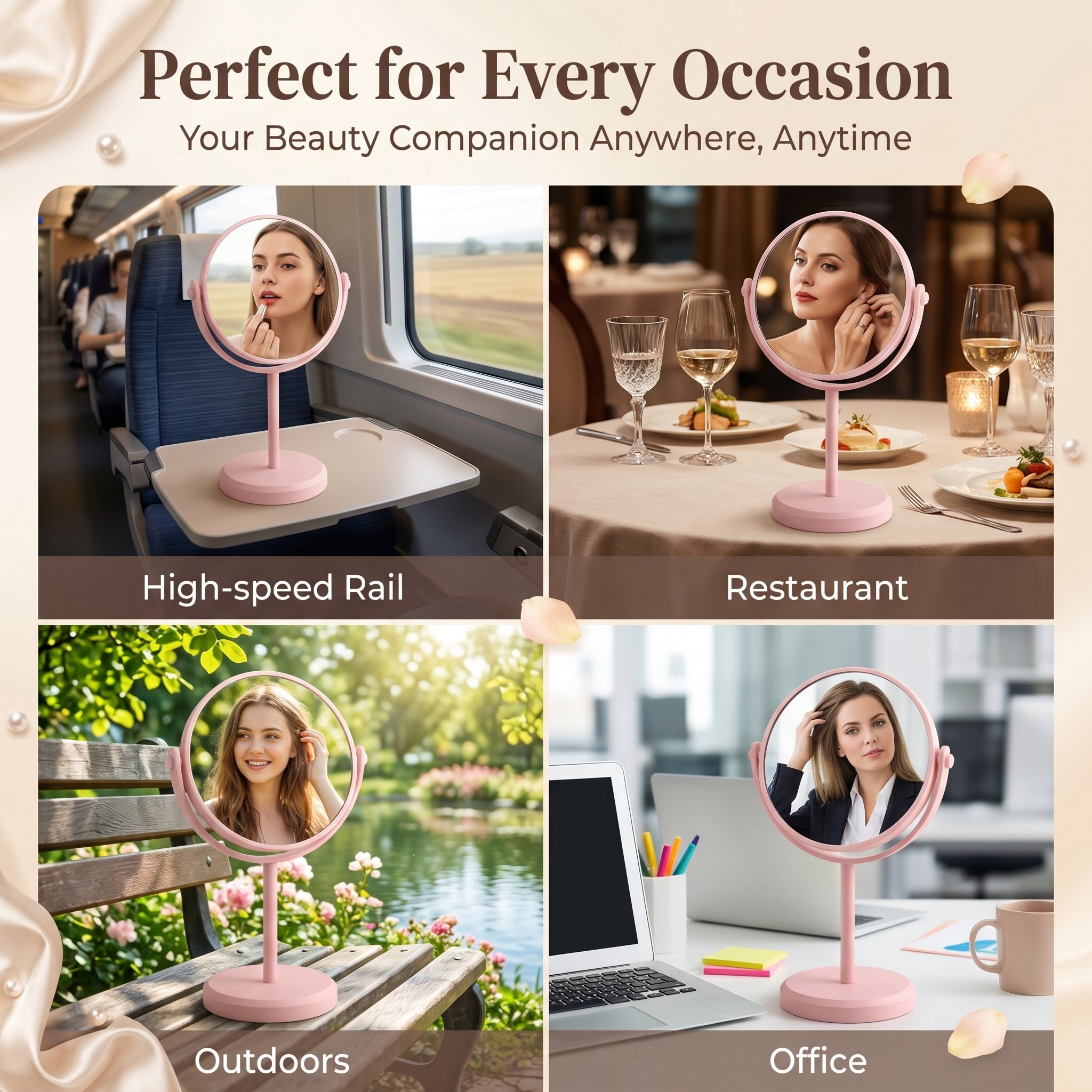 OEM/ODM Double Sided Round Tabletop Vanity Mirror with 360 from Kaifam Manufacturing. Custom logo, Pantone colors, MOQ 100pcs, 15-day lead time. Request a free quote.