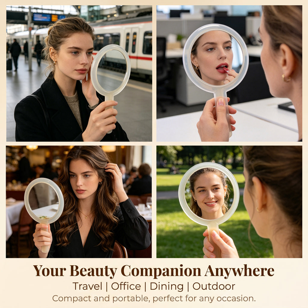 OEM/ODM Transparent Handle Double-sided Round Cosmetic Mirror from Kaifam Manufacturing. Custom logo, Pantone colors, MOQ 100pcs, 15-day lead time. Request a free quote.