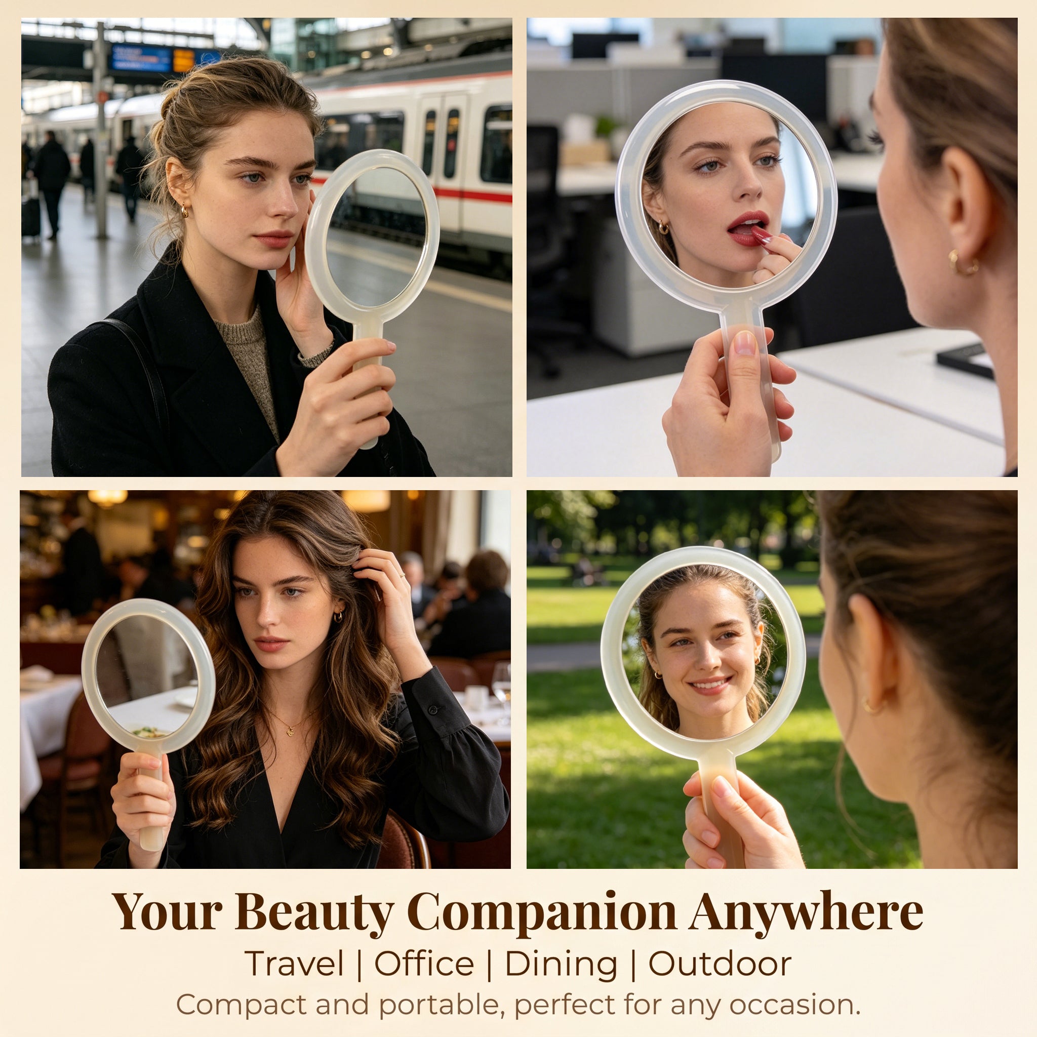 OEM/ODM Transparent Handle Double-sided Round Cosmetic Mirror from Kaifam Manufacturing. Custom logo, Pantone colors, MOQ 100pcs, 15-day lead time. Request a free quote.