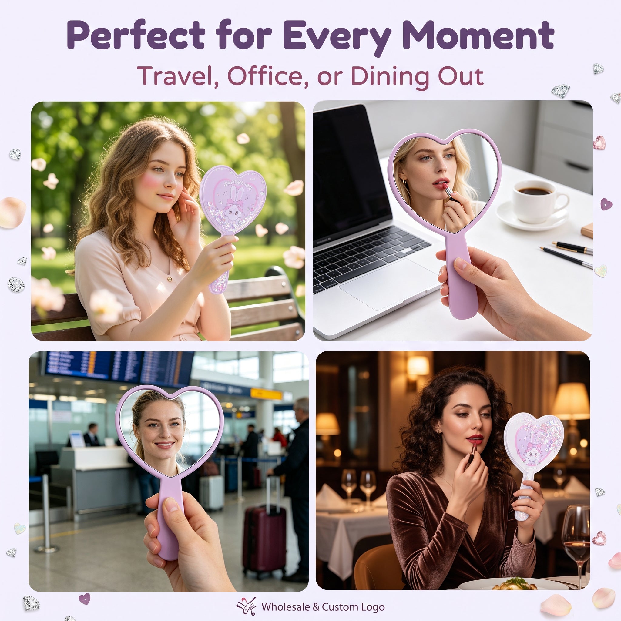 OEM/ODM Heart Quicksand Handheld Mirror from Kaifam Manufacturing. Custom logo, Pantone colors, MOQ 100pcs, 15-day lead time. Request a free quote.
