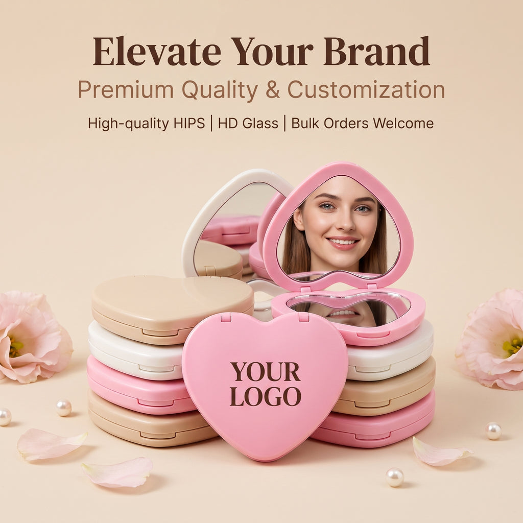 OEM/ODM ouble Sided Heart Compact Mirror from Kaifam Manufacturing. Custom logo, Pantone colors, MOQ 100pcs, 15-day lead time. Request a free quote.
