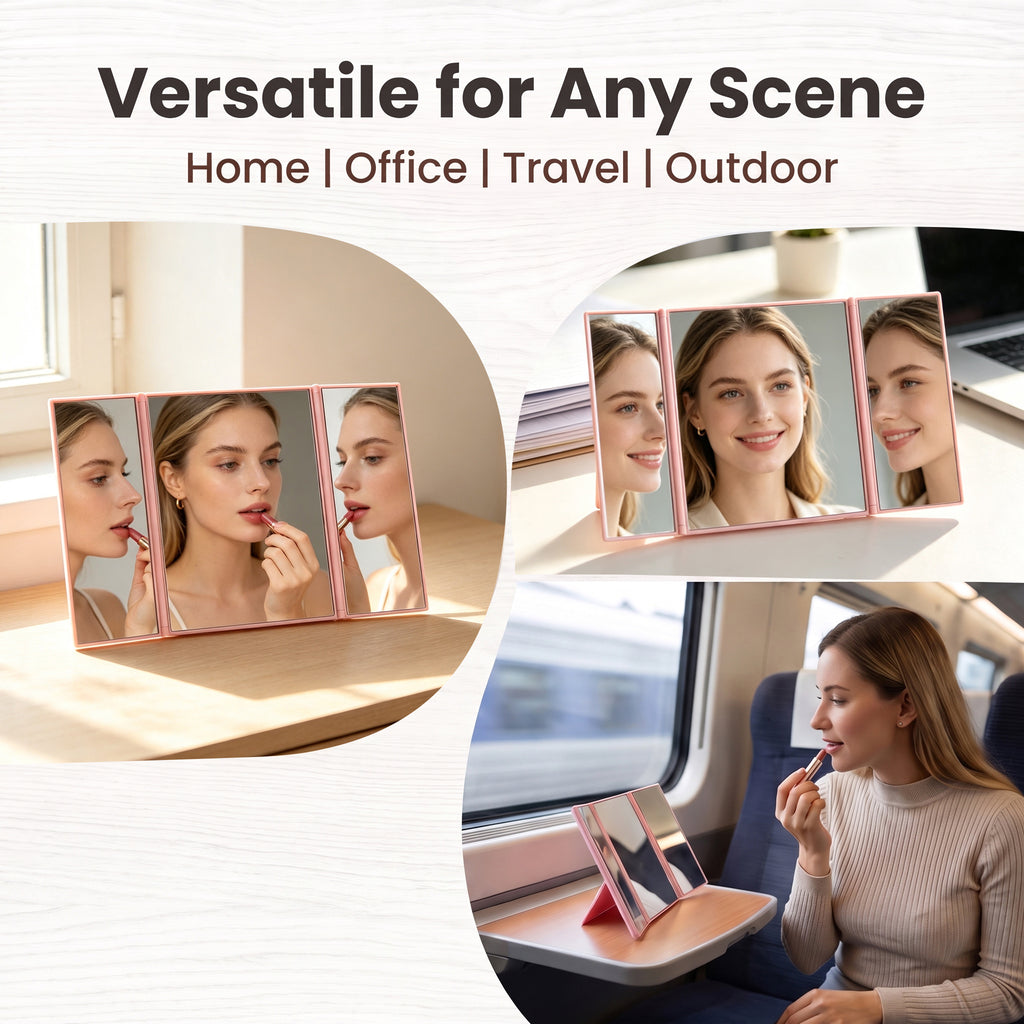OEM/ODM Tri-Fold HD Makeup Mirror from Kaifam Manufacturing. Custom logo, Pantone colors, MOQ 100pcs, 15-day lead time. Request a free quote.