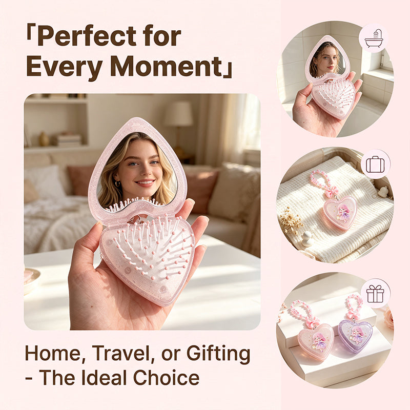 OEM/ODM Transparent Glitter Heart Flip Travel Comb with Built-in Mirror from Kaifam Manufacturing. Custom logo, Pantone colors, MOQ 100pcs, 15-day lead time. Request a free quote.