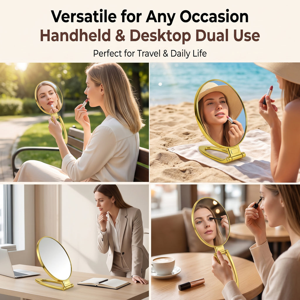 OEM/ODM Foldable Handheld Double Sided Round Makeup Mirror from Kaifam Manufacturing. Custom logo, Pantone colors, MOQ 100pcs, 15-day lead time. Request a free quote.