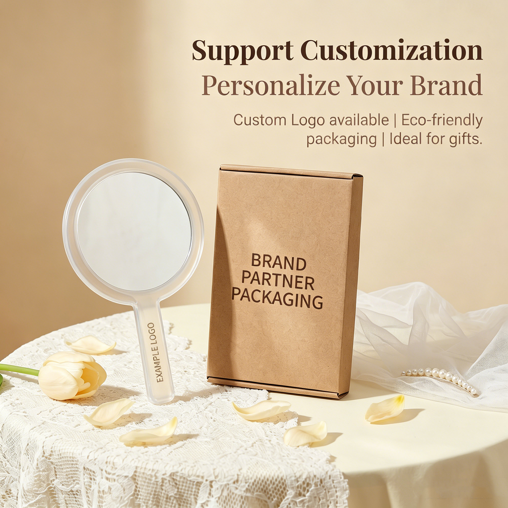 OEM/ODM Transparent Handle Double-sided Round Cosmetic Mirror from Kaifam Manufacturing. Custom logo, Pantone colors, MOQ 100pcs, 15-day lead time. Request a free quote.