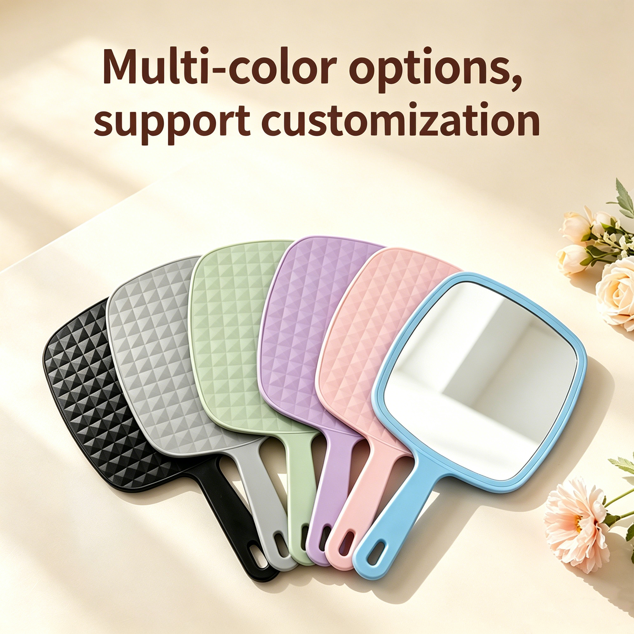 OEM/ODM Ins Style Large Square Handheld Cosmetic Mirror with Lattice Texture from Kaifam Manufacturing. Custom logo, Pantone colors, MOQ 100pcs, 15-day lead time. Request a free quote.