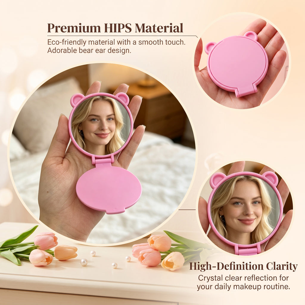 OEM/ODM Single-sided Mini Bear Ear Flip Cosmetic Mirror from Kaifam Manufacturing. Custom logo, Pantone colors, MOQ 100pcs, 15-day lead time. Request a free quote.