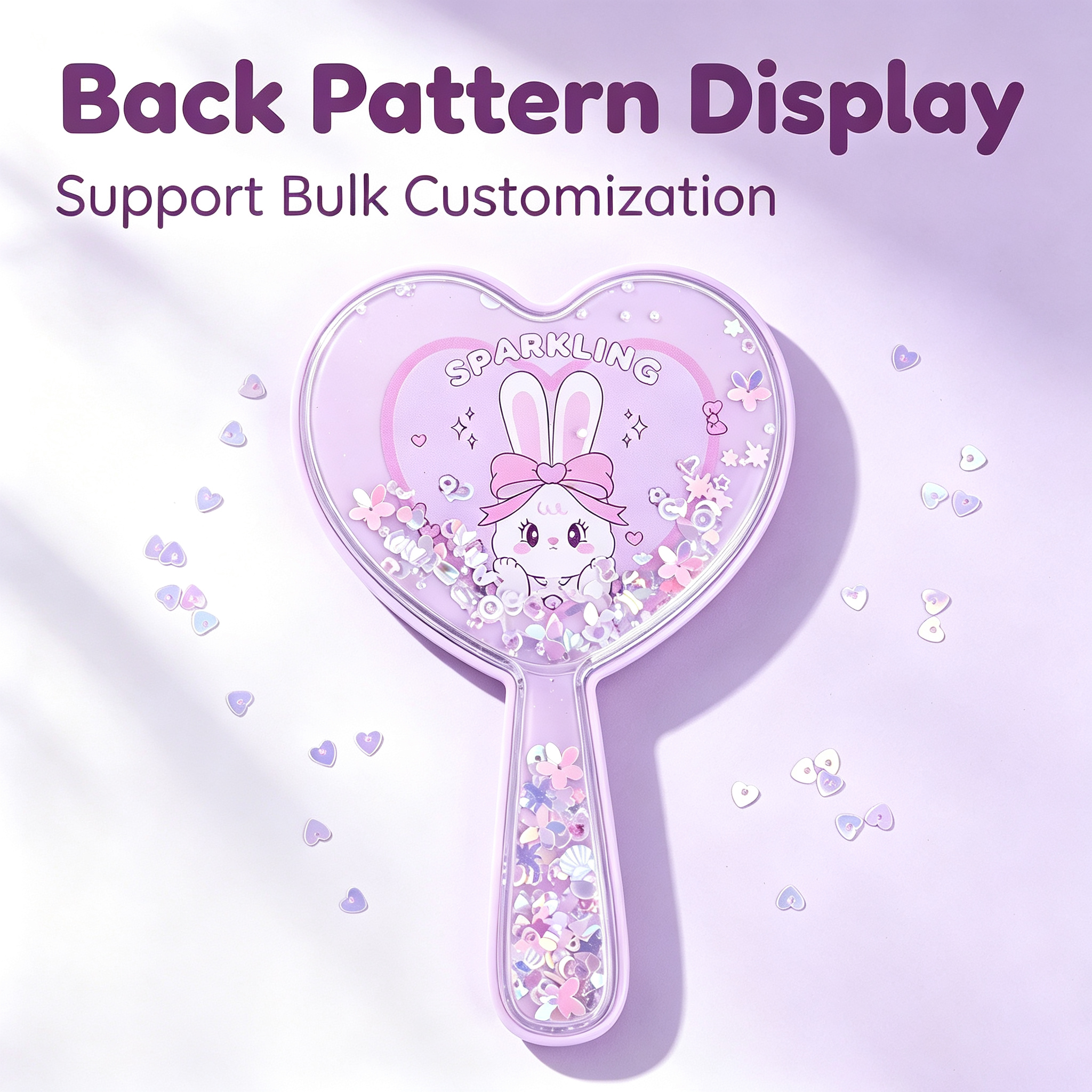 OEM/ODM Heart Quicksand Handheld Mirror from Kaifam Manufacturing. Custom logo, Pantone colors, MOQ 100pcs, 15-day lead time. Request a free quote.