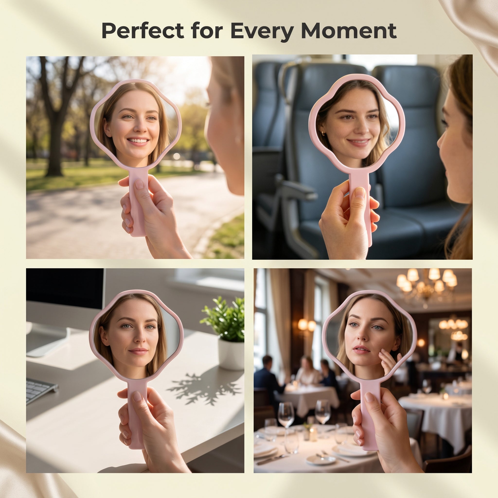 OEM/ODM Clover Irregular Hand Mirror from Kaifam Manufacturing. Custom logo, Pantone colors, MOQ 100pcs, 15-day lead time. Request a free quote.
