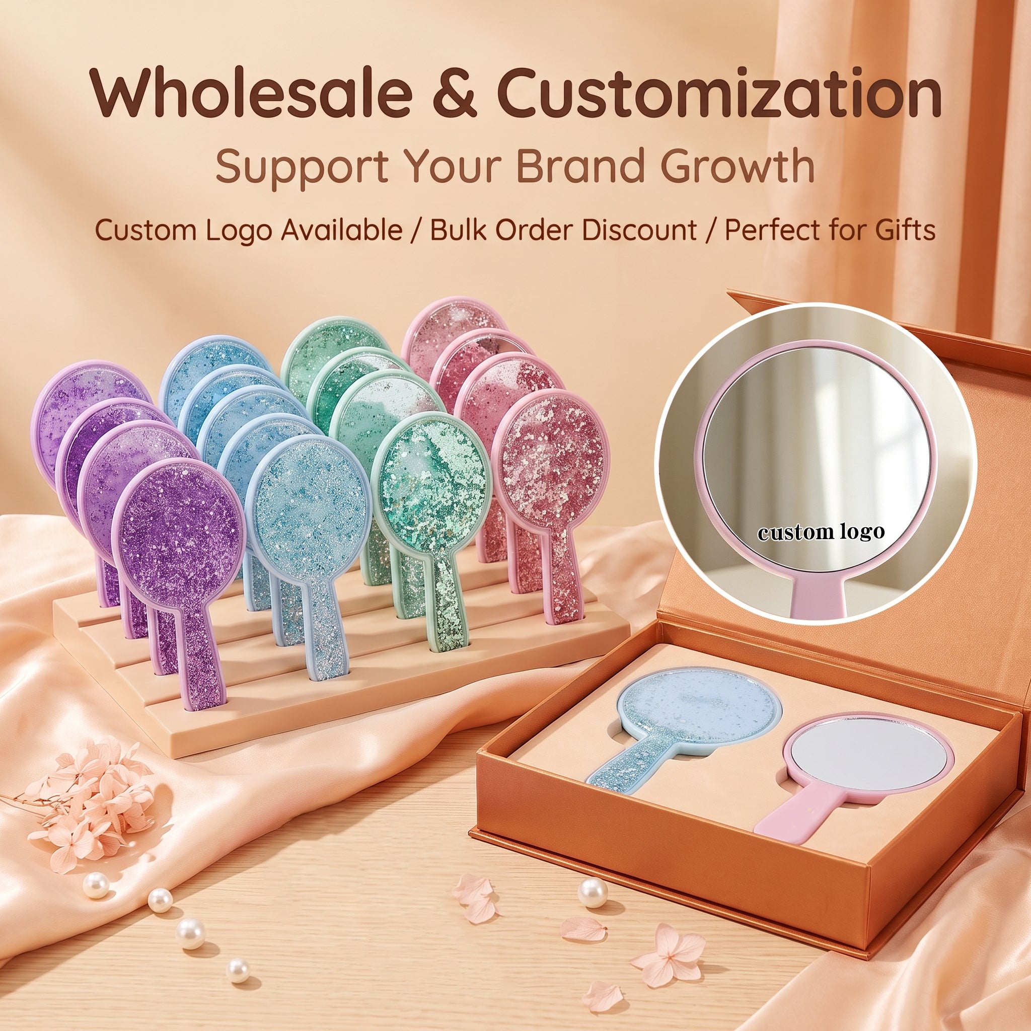 OEM/ODM Round Single-sided Quicksand Cosmetic Mirror with Handle from Kaifam Manufacturing. Custom logo, Pantone colors, MOQ 100pcs, 15-day lead time. Request a free quote.