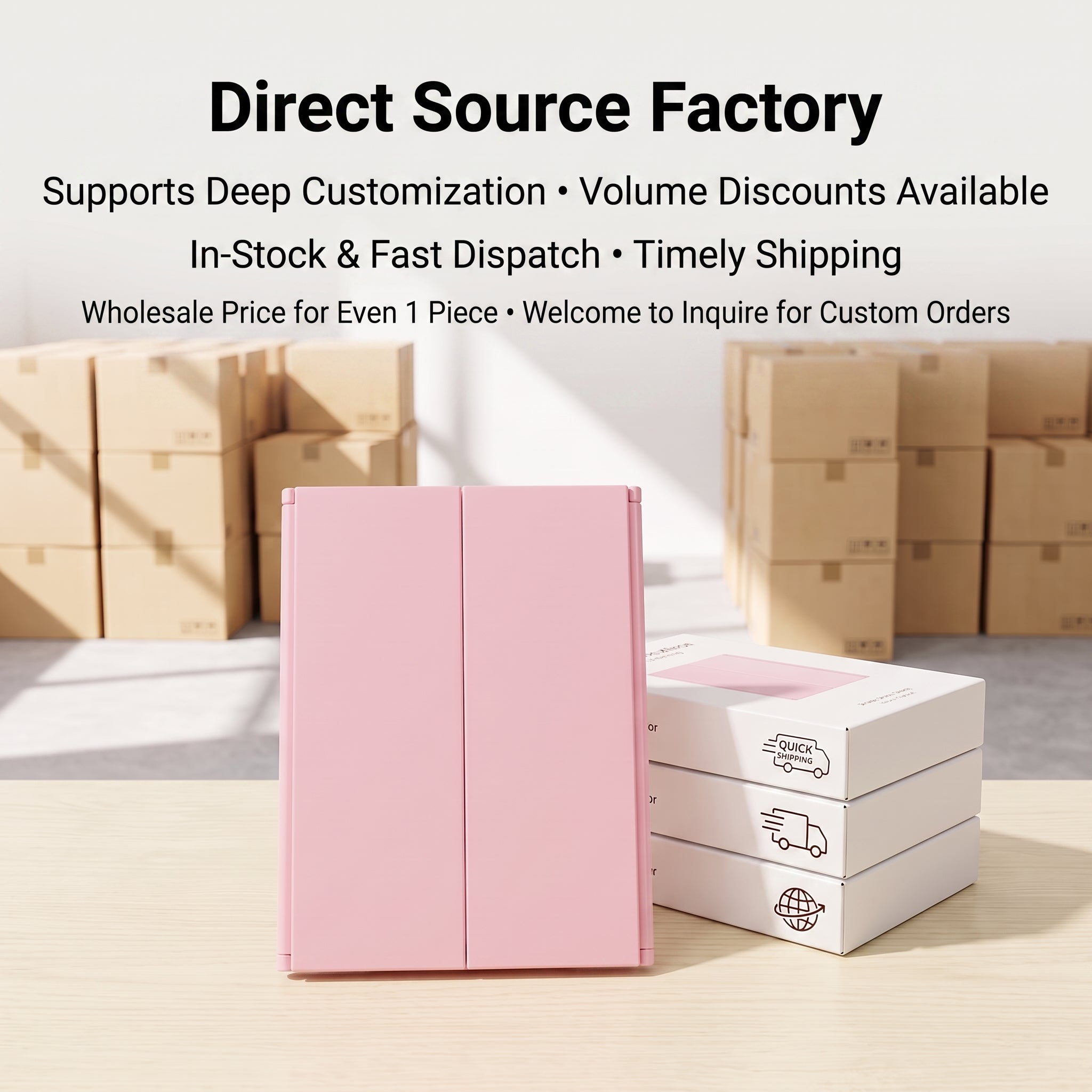 OEM/ODM Tri-Fold HD Makeup Mirror from Kaifam Manufacturing. Custom logo, Pantone colors, MOQ 100pcs, 15-day lead time. Request a free quote.