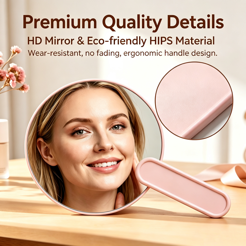 OEM/ODM Big Round Hand Vanity Mirror from Kaifam Manufacturing. Custom logo, Pantone colors, MOQ 100pcs, 15-day lead time. Request a free quote.