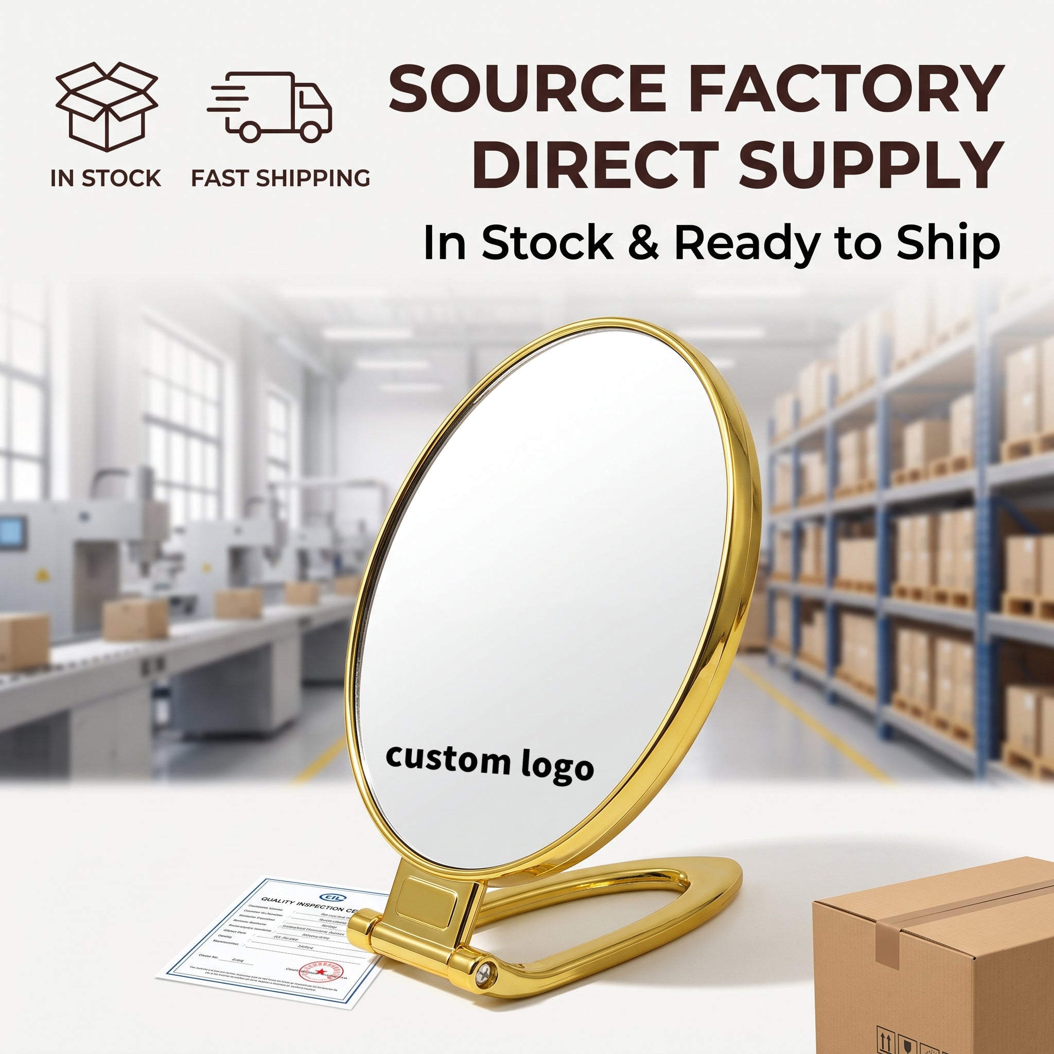 OEM/ODM Foldable Handheld Double Sided Round Makeup Mirror from Kaifam Manufacturing. Custom logo, Pantone colors, MOQ 100pcs, 15-day lead time. Request a free quote.