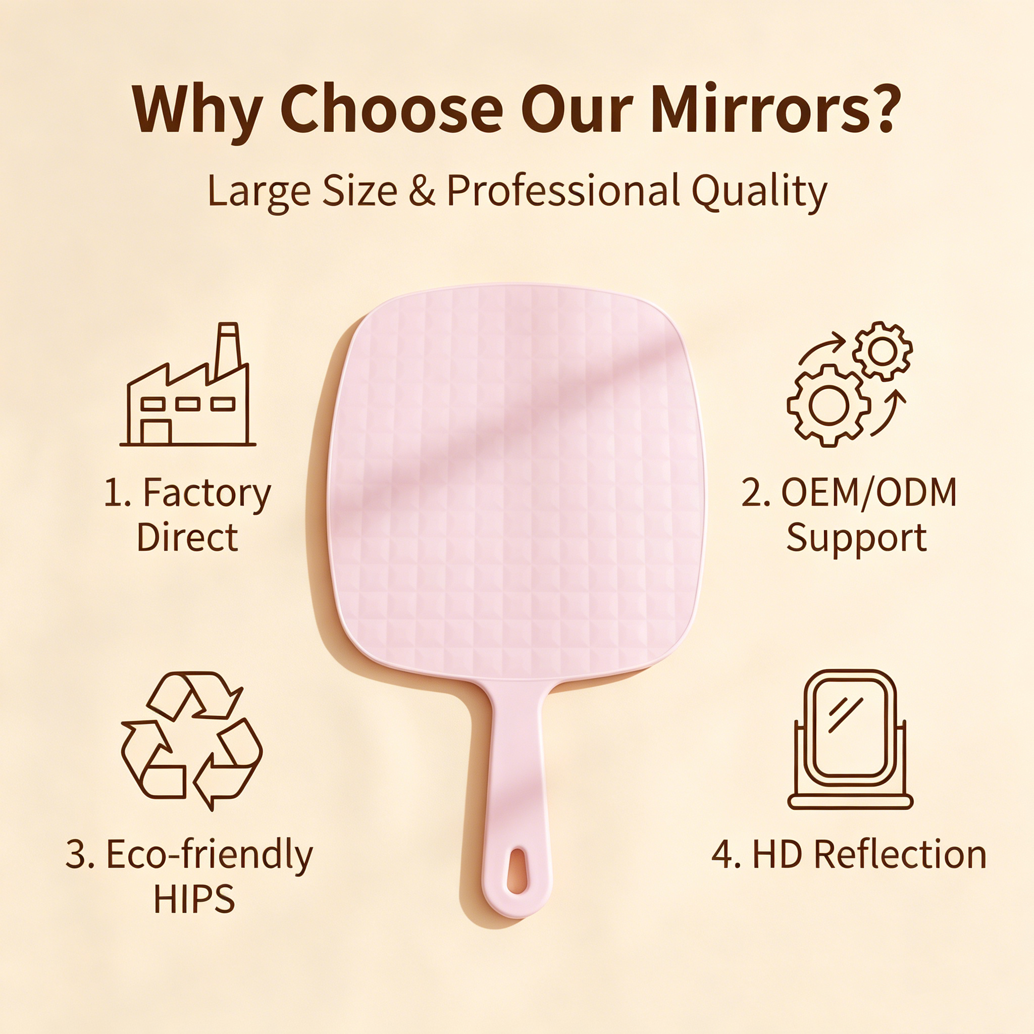 OEM/ODM Ins Style Large Square Handheld Cosmetic Mirror with Lattice Texture from Kaifam Manufacturing. Custom logo, Pantone colors, MOQ 100pcs, 15-day lead time. Request a free quote.