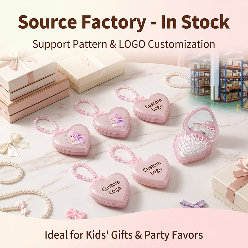 OEM/ODM Transparent Glitter Heart Flip Travel Comb with Built-in Mirror from Kaifam Manufacturing. Custom logo, Pantone colors, MOQ 100pcs, 15-day lead time. Request a free quote.