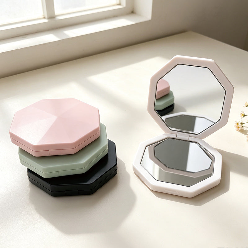 OEM/ODM Octagonal Dual-Sided Compact Mirror from Kaifam Manufacturing. Custom logo, Pantone colors, MOQ 100pcs, 15-day lead time. Request a free quote.