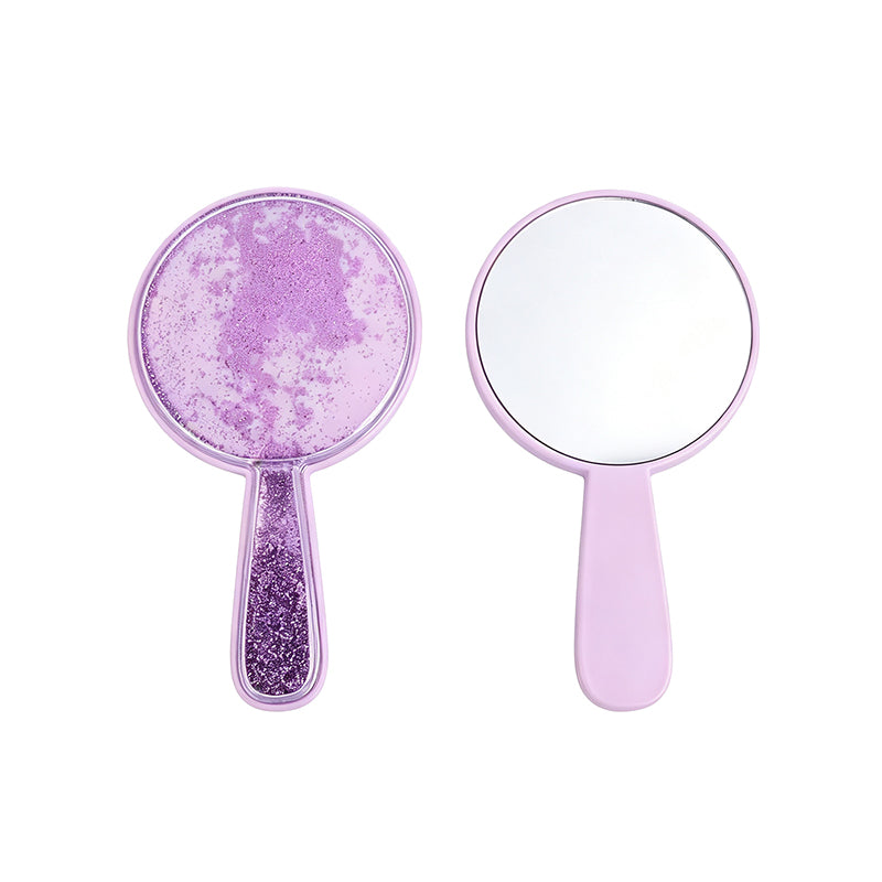 OEM/ODM Round Single-sided Quicksand Cosmetic Mirror with Handle from Kaifam Manufacturing. Custom logo, Pantone colors, MOQ 100pcs, 15-day lead time. Request a free quote.