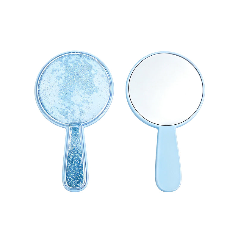 OEM/ODM Round Single-sided Quicksand Cosmetic Mirror with Handle from Kaifam Manufacturing. Custom logo, Pantone colors, MOQ 100pcs, 15-day lead time. Request a free quote.