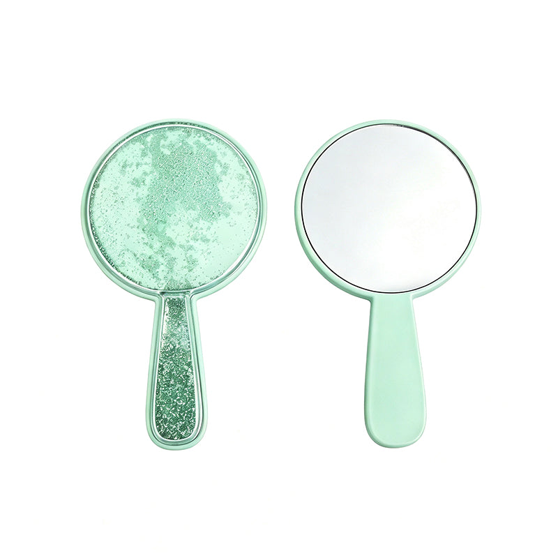OEM/ODM Round Single-sided Quicksand Cosmetic Mirror with Handle from Kaifam Manufacturing. Custom logo, Pantone colors, MOQ 100pcs, 15-day lead time. Request a free quote.