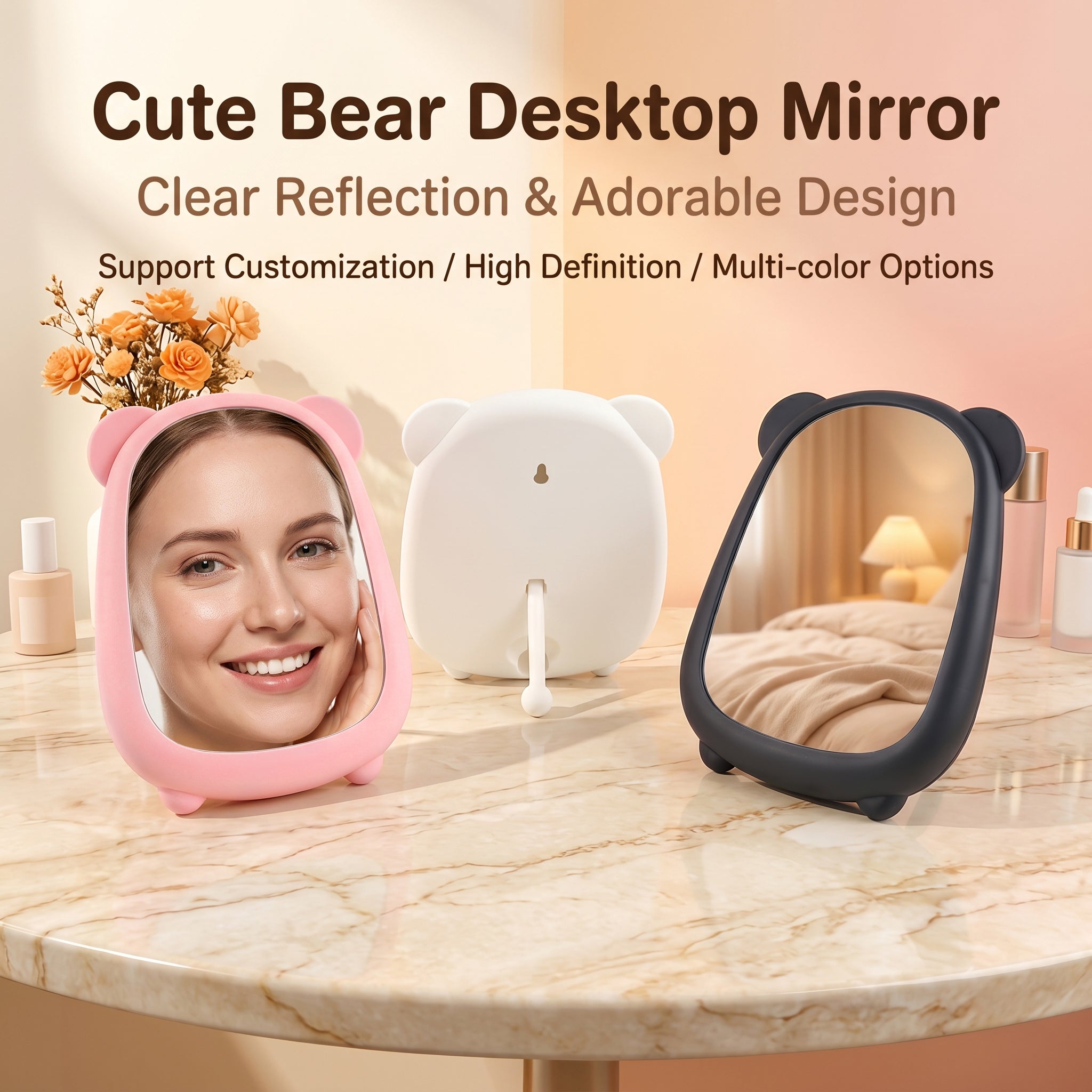 OEM/ODM Cute Bear Desktop Mirror from Kaifam Manufacturing. Custom logo, Pantone colors, MOQ 100pcs, 15-day lead time. Request a free quote.