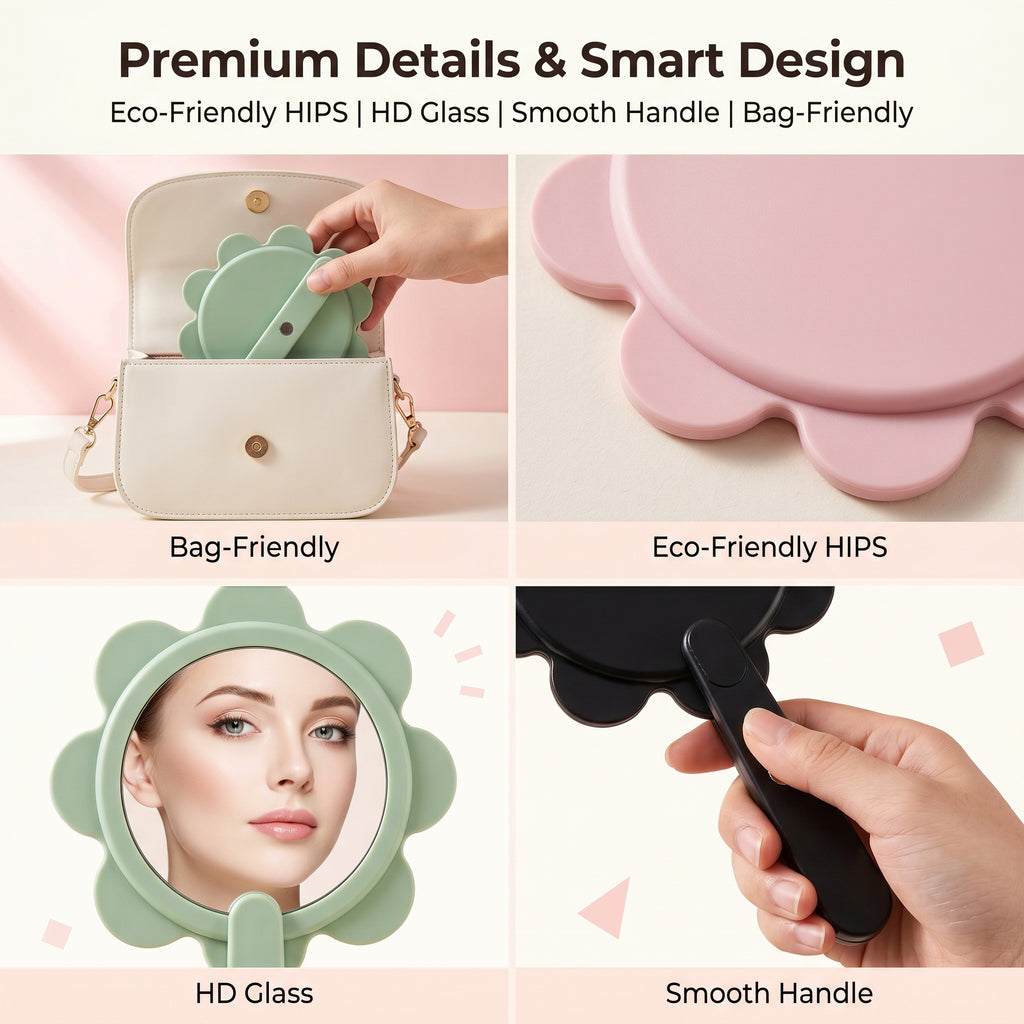 OEM/ODM Swivel Flower Vanity Hand Mirror from Kaifam Manufacturing. Custom logo, Pantone colors, MOQ 100pcs, 15-day lead time. Request a free quote.