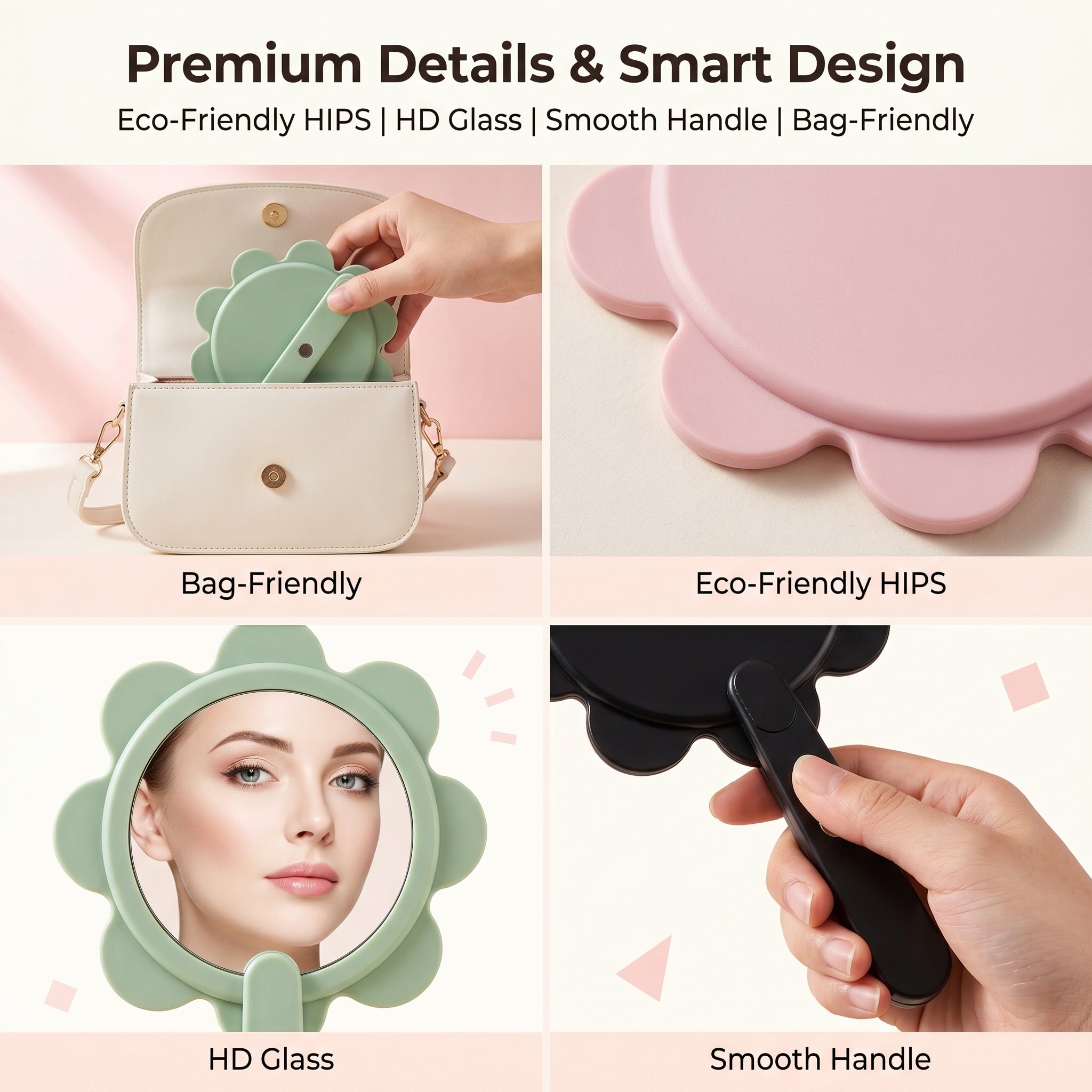 OEM/ODM Swivel Flower Vanity Hand Mirror from Kaifam Manufacturing. Custom logo, Pantone colors, MOQ 100pcs, 15-day lead time. Request a free quote.