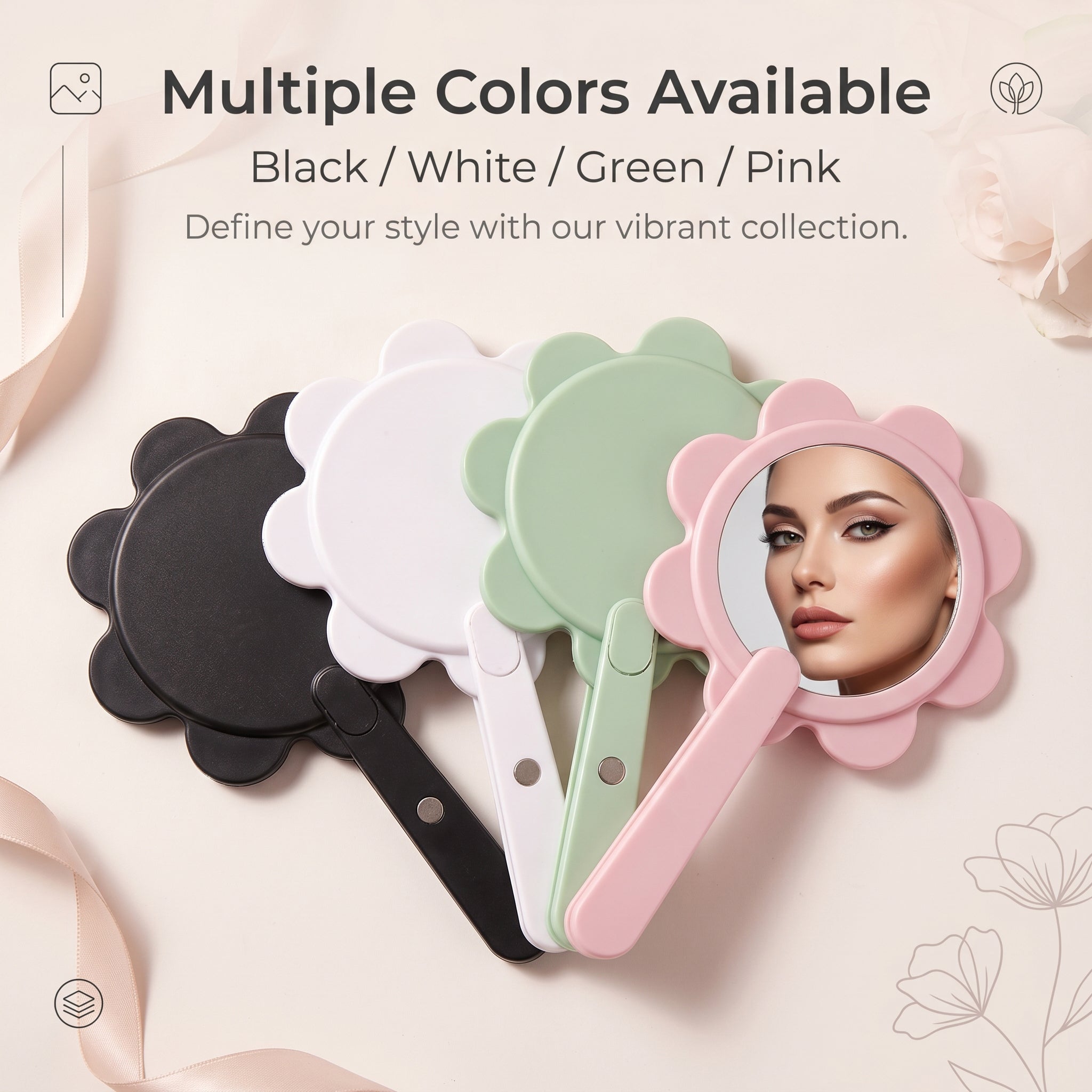 OEM/ODM Swivel Flower Vanity Hand Mirror from Kaifam Manufacturing. Custom logo, Pantone colors, MOQ 100pcs, 15-day lead time. Request a free quote.